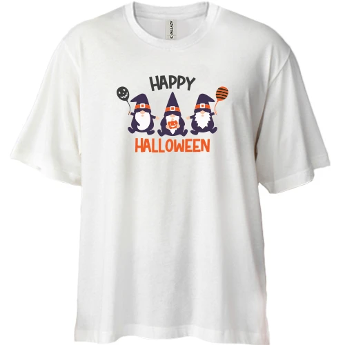 Футболка двунитка Oversize, Белый, с гномами "Happy Halloween"