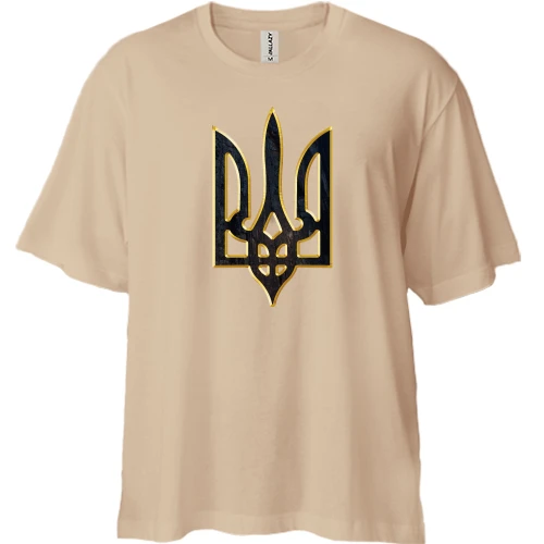 Футболка двунитка Oversize, Бежевый, с гербом Украины стилизованным под кору