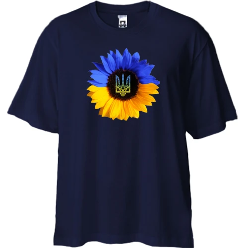 Футболка двунитка Oversize, Синий, с желто-синим подсолнухом с гербом