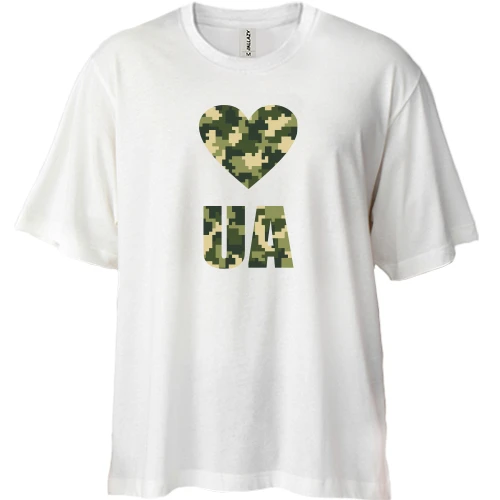Футболка двонитка Oversize, Білий, з камуфляжним написом Love UA