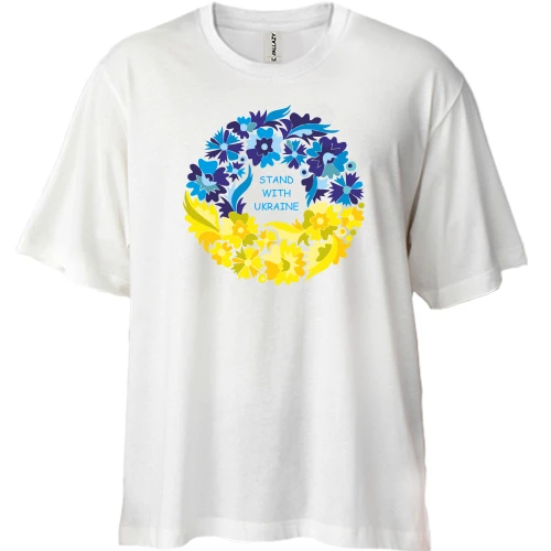 Футболка двонитка Oversize, Синій, I Stand With Ukraine (вінок із квітів)