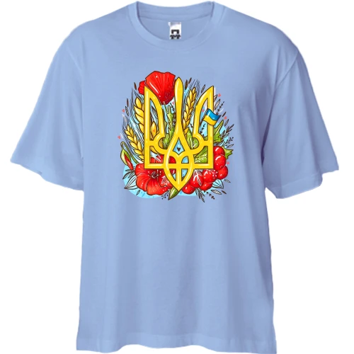 Футболка двонитка Oversize, Синій, з гербом України (маки та калина)