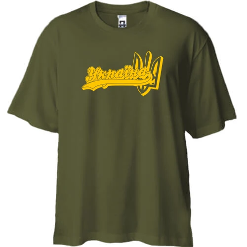 Футболка двонитка Oversize, Хакі, з написом Україна (з Тризубом)