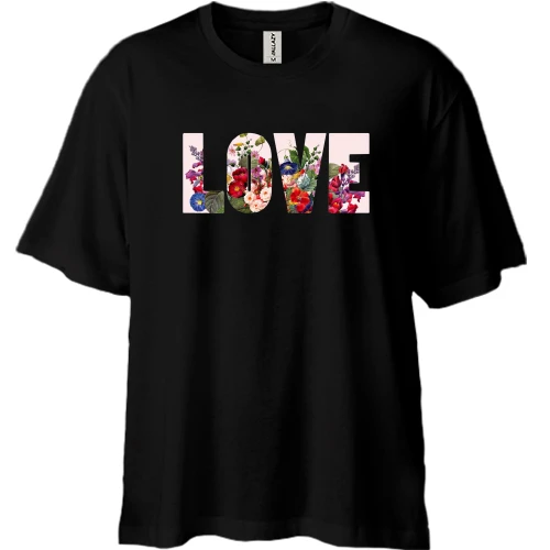 Футболка двунитка Oversize, Черный, с надписью "Love" из цветов (2)