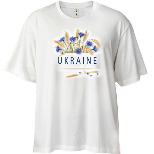 Футболка двунитка Oversize, Белый, с цветами Ukraine