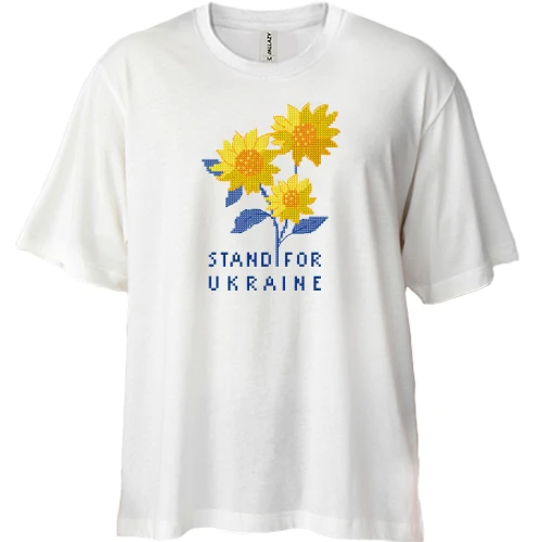 Футболка двонитка Oversize, Білий, Stand For Ukraine (піксельні квіти)