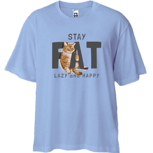 Футболка двунитка Oversize, Белый, с котиком "Fat Lazy and Happy"