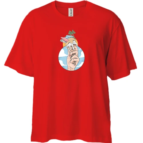 Футболка двунитка Oversize, Красный, "Летний пляжный серфинг"