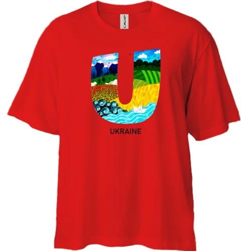Футболка двонитка Oversize, Червоний, з літерою "U" Ukraine