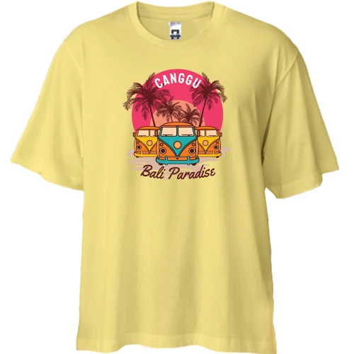 Футболка двунитка Oversize, Желтый, с ретро автобусами "Bali paradise"