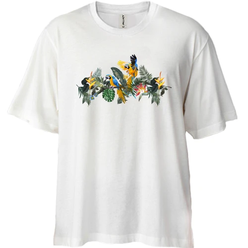 Футболка двунитка Oversize, Белый, с попугаями Ара