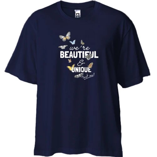 Футболка двунитка Oversize, Синий, с бабочками "Beautiful"