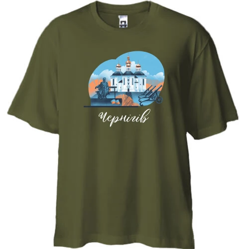 Футболка двунитка Oversize, Хаки, с видами Чернигова
