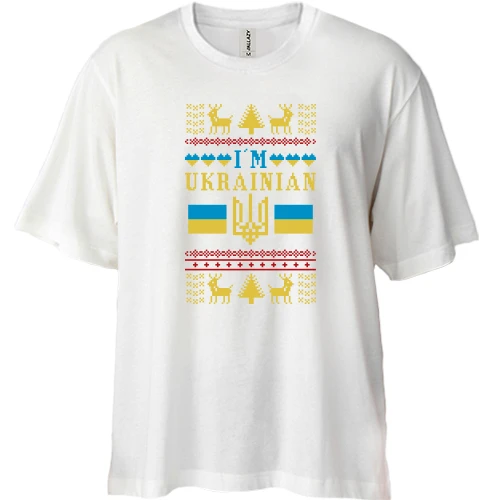 Футболка двунитка Oversize, Белый, "Новогодняя вышиванка i`m ukranian"