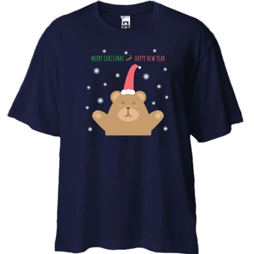 Футболка двунитка Oversize, Синий, с мишкой в новогодней шапочке