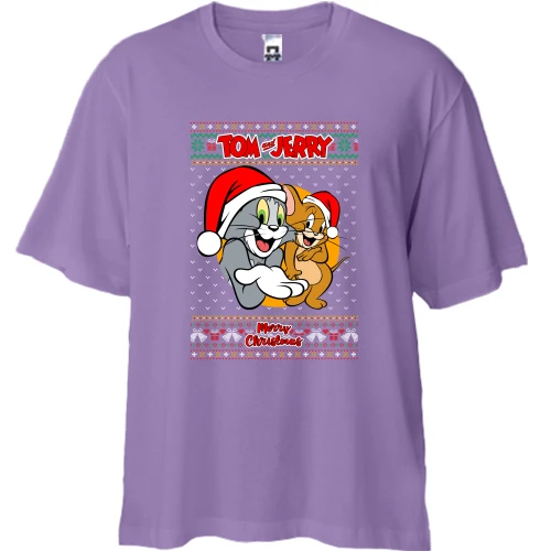 Футболка двонитка Oversize, Лавандовий, з Томом та Джері "Merry Christmas"