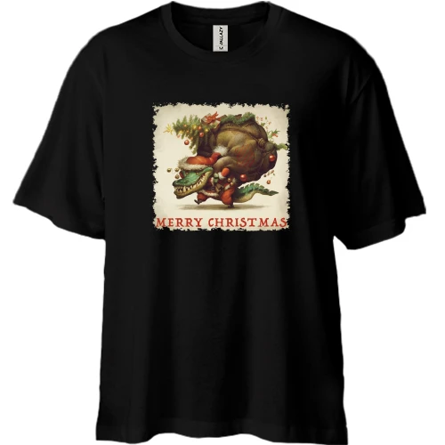 Футболка двунитка Oversize, Черный, "крокодил несёт ёлку"