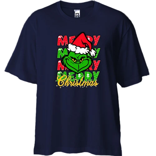 Футболка двонитка Oversize, Синій, з Грінчем "Merry merry merry"