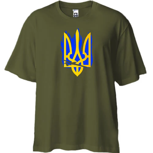 Футболка двонитка Oversize, Хакі, з патріотичним медвежонком