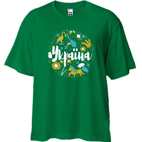 Футболка двунитка Oversize, Зеленый, с орнаментом "Украина"