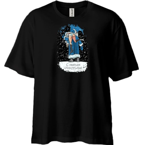 Футболка двонитка Oversize, Чорний, "Санта та Снігуронька"