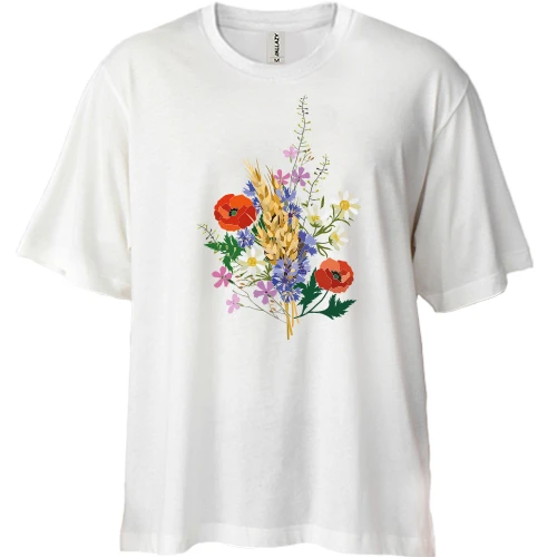Футболка двунитка Oversize, Белый, с букетом (мак, ромашки, пшеница)