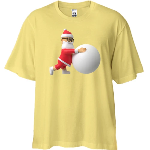 Футболка двунитка Oversize, Желтый, "3D Санта катает снежный шар"