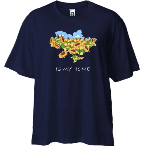 Футболка двунитка Oversize, Синий, с контуром Украины в подсолнухах "is my home"