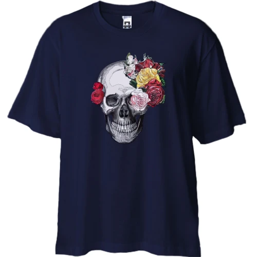 Футболка двунитка Oversize, Синий, "Розы из черепа"