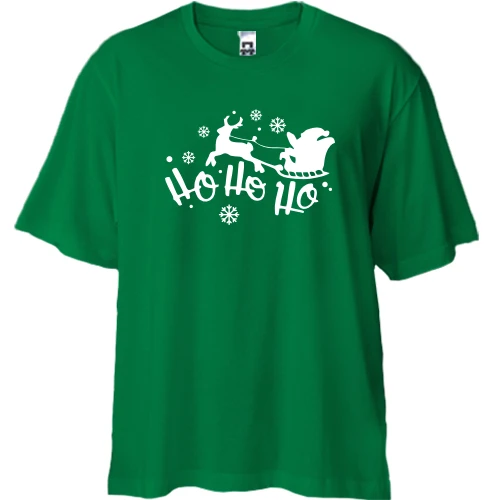 Футболка двунитка Oversize, Зеленый, с Сантой "Ho Ho Ho"