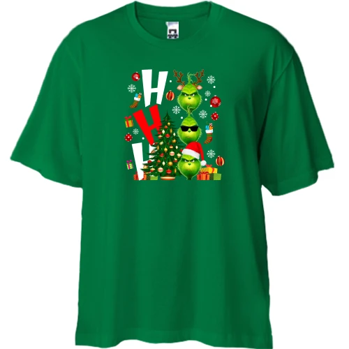 Футболка двунитка Oversize, Зеленый, с рождественскими гринчами "Ho Ho Ho"