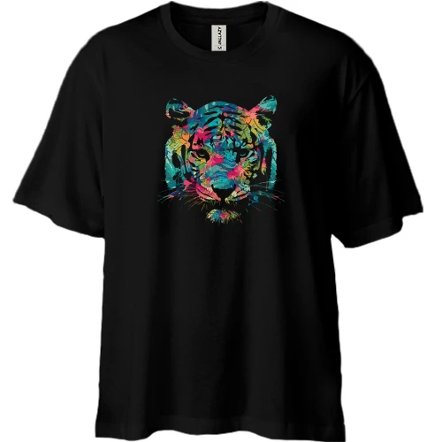 Футболка двунитка Oversize с разноцветной мордой тигра
