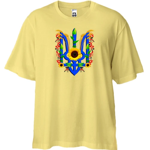 Футболка двунитка Oversize, Желтый, с тризубом, украшеным колосками и подсолнухами