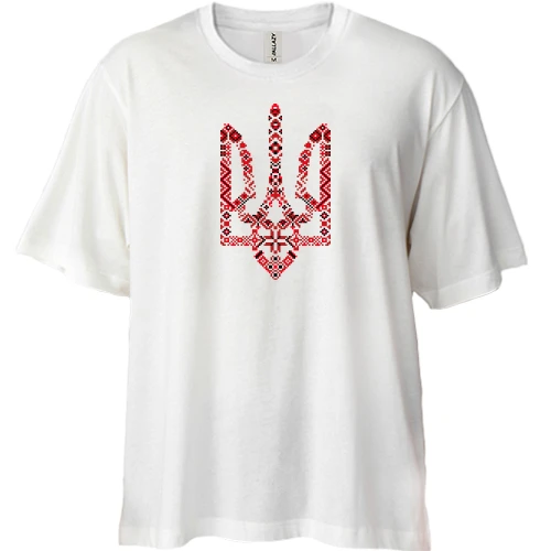 Футболка двунитка Oversize, Белый, с гербом в украинских орнаментах