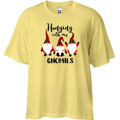 Футболка двонитка Oversize, Жовтий, з гномами"Hanging with my gnomies"