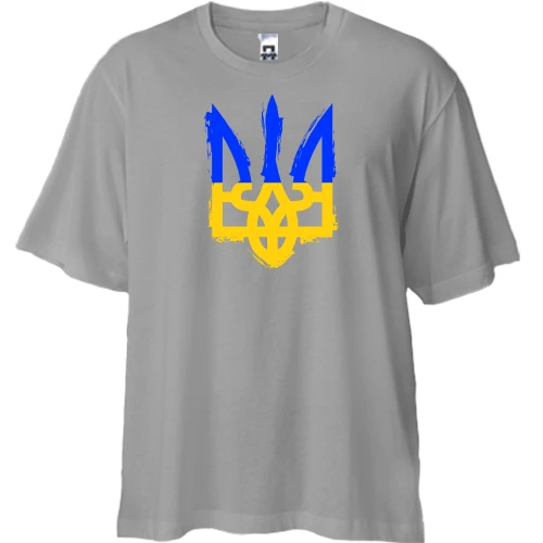 Футболка двунитка Oversize, Серый, с тризубом в цвете украинского флага