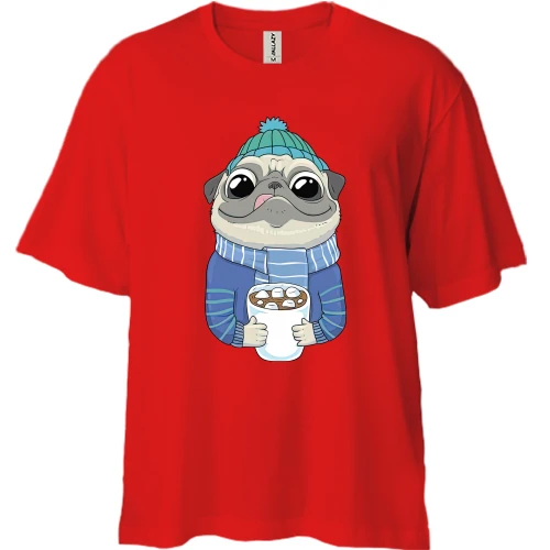 Футболка двунитка Oversize с мопсом и чашкой какао