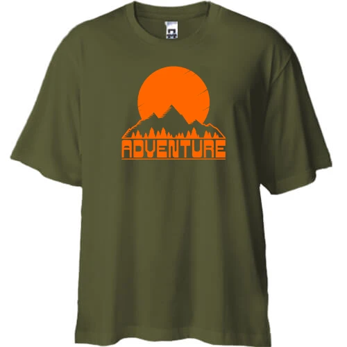 Футболка двунитка Oversize, Хаки, с горами "Adventure"
