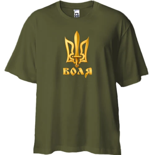 Футболка двунитка Oversize, Хаки, c тризубом "Воля"
