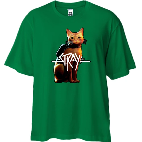 Футболка двунитка Oversize, Зеленый, с кошкой "Stray"