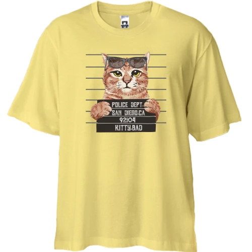 Футболка двонитка Oversize, Жовтий, із заарештованим котом "Kitty BAD"
