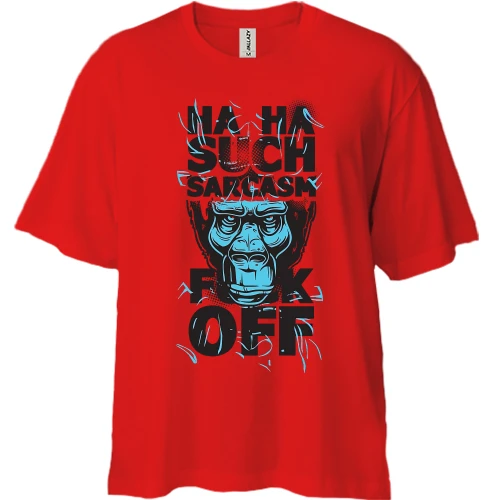 Футболка двунитка Oversize, Красный, с обезьяной "such sarcasm"
