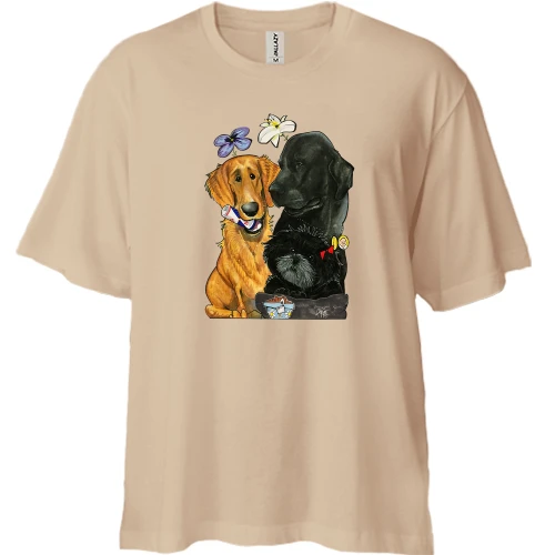 Футболка двонитка Oversize, Бежевий, з трьома собаками