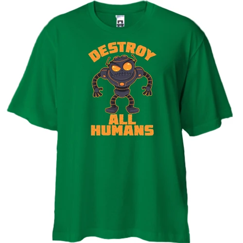 Футболка двунитка Oversize, Зеленый, с роботом "Destroy all humans"