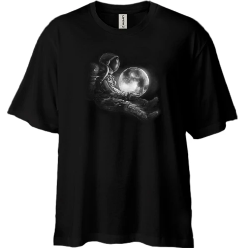 Футболка двонитка Oversize, Чорний, "Космонавт з місяцем у руках"