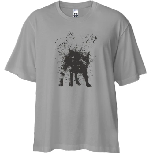 Футболка двунитка Oversize, Серый, с чёрным котом в брызгах