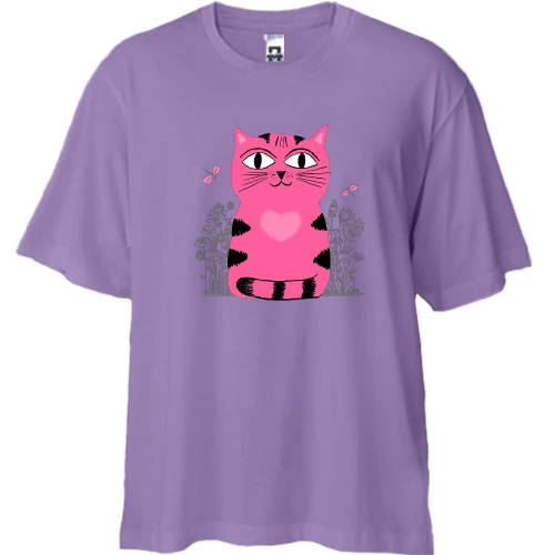 Футболка двонитка Oversize, Лавандовий, з милим рожевим котиком