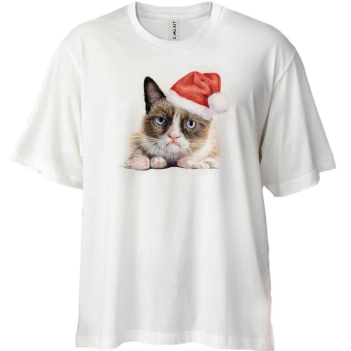 Футболка двонитка Oversize з сумним котом у шапці Санти