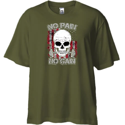 Футболка двонитка Oversize, Хакі, NO PAIN NO GAIN із черепом та штангою