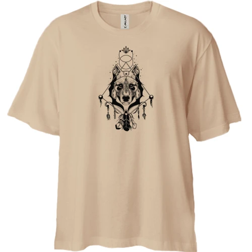 Футболка двунитка Oversize, Бежевый, "Волк арт"